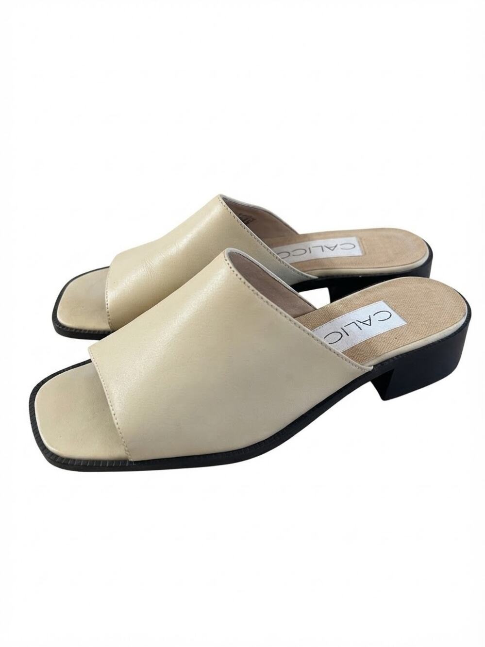 Calico Overcast Cream Leather Square Toe Block Heel Mule Sandals Women Size 5.5